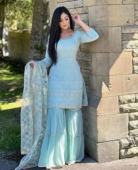 Sky Blue Embroidered Women's Ethnic Suit Set