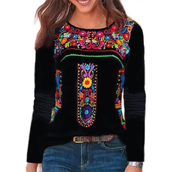 Women's Multicolor Embroidered Long Sleeve Casual Top