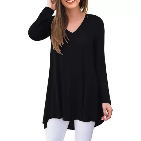 Women's Black V-Neck Long Sleeve Swing Tunic Top