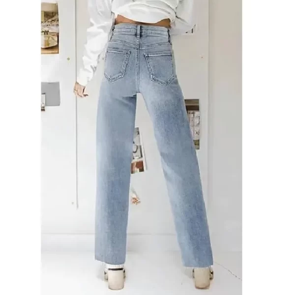 light blue high-waisted straight/wide-leg denim jeans