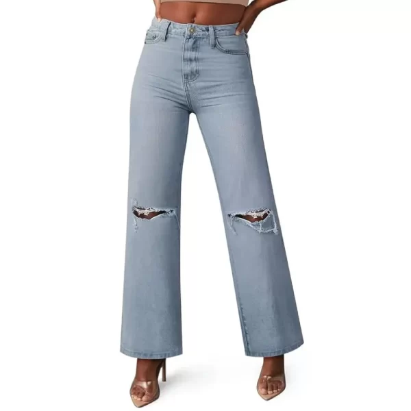 Light blue high-waisted distressed wide-leg jeans