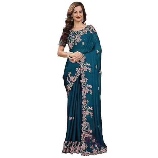 Dark blue floral embroidered saree