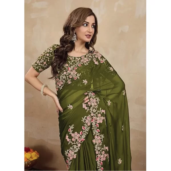 Olive green floral embroidered saree
